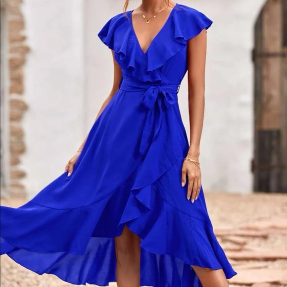 Boho burgundy butterfly sleeve blue ruffle hem belted wrap dress - Picture 8 of 16